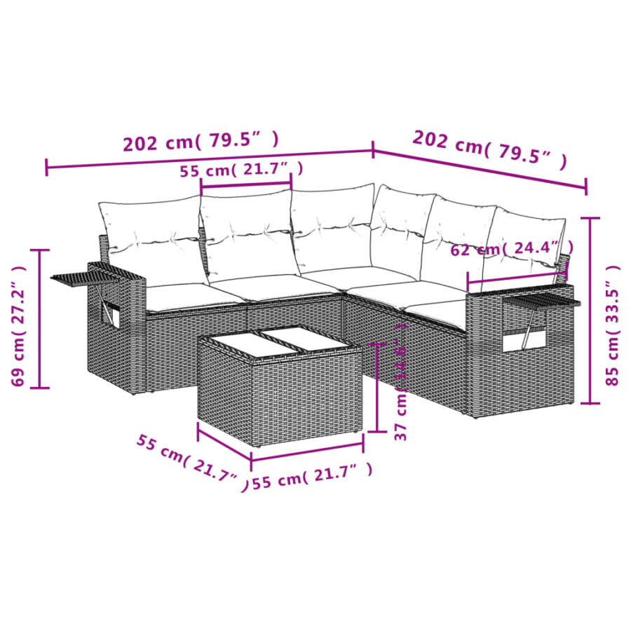 6-delige Loungeset met kussens poly rattan zwart - Afbeelding 3