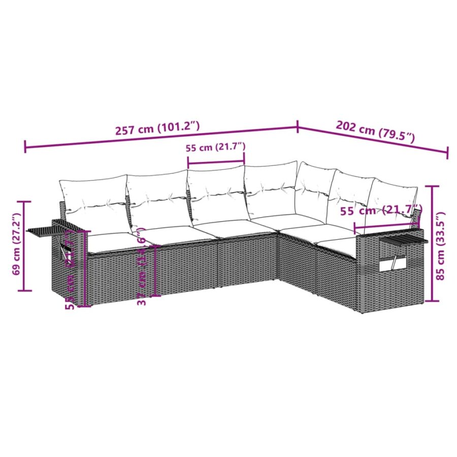 6-delige Loungeset met kussens poly rattan zwart - Afbeelding 3