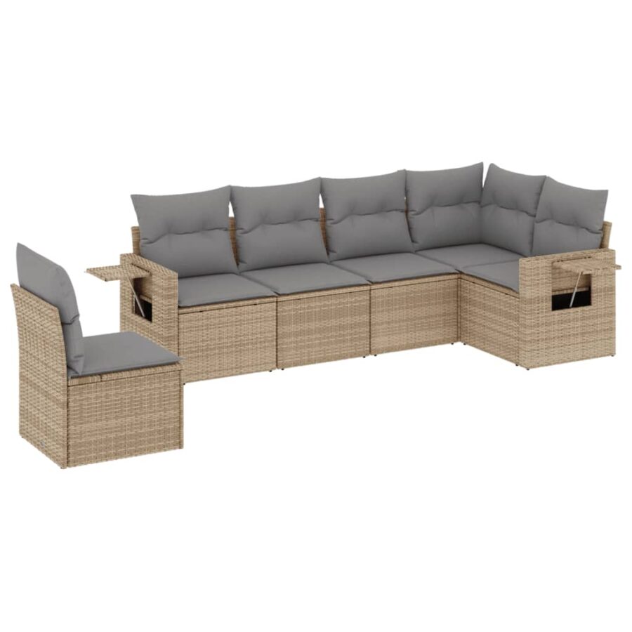 6-delige Loungeset met kussens poly rattan beige - Afbeelding 2