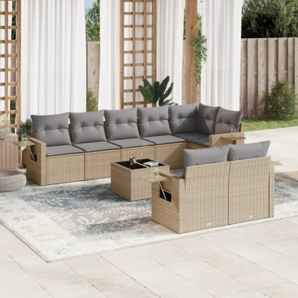 9-delige Loungeset met kussens poly rattan beige