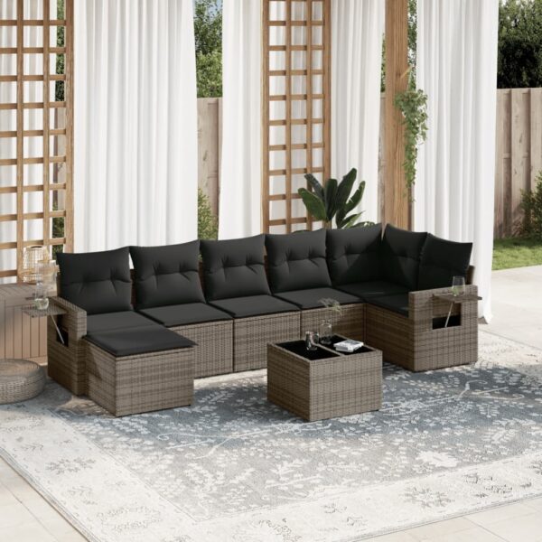 8-delige Loungeset met kussens poly rattan grijs