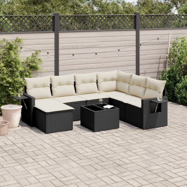 8-delige Loungeset met kussens poly rattan zwart