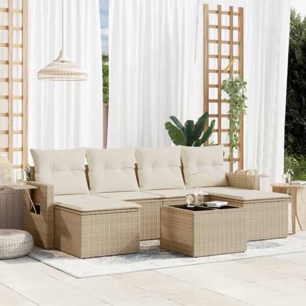 7-delige Loungeset met kussens poly rattan beige