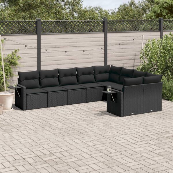 9-delige Loungeset met kussens poly rattan zwart