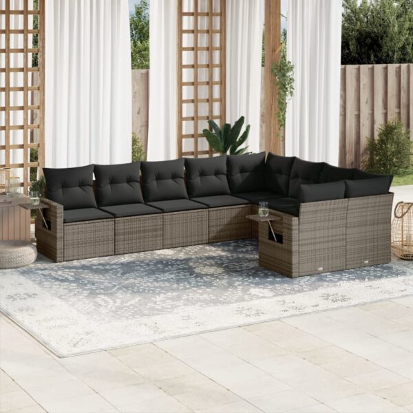 9-delige Loungeset met kussens poly rattan grijs