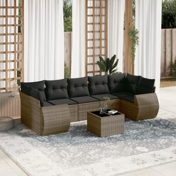 8-delige Loungeset met kussens poly rattan grijs