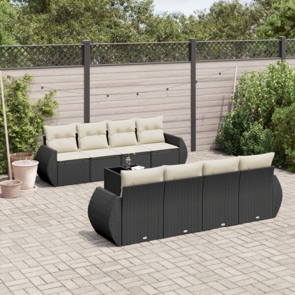 9-delige Loungeset met kussens poly rattan zwart