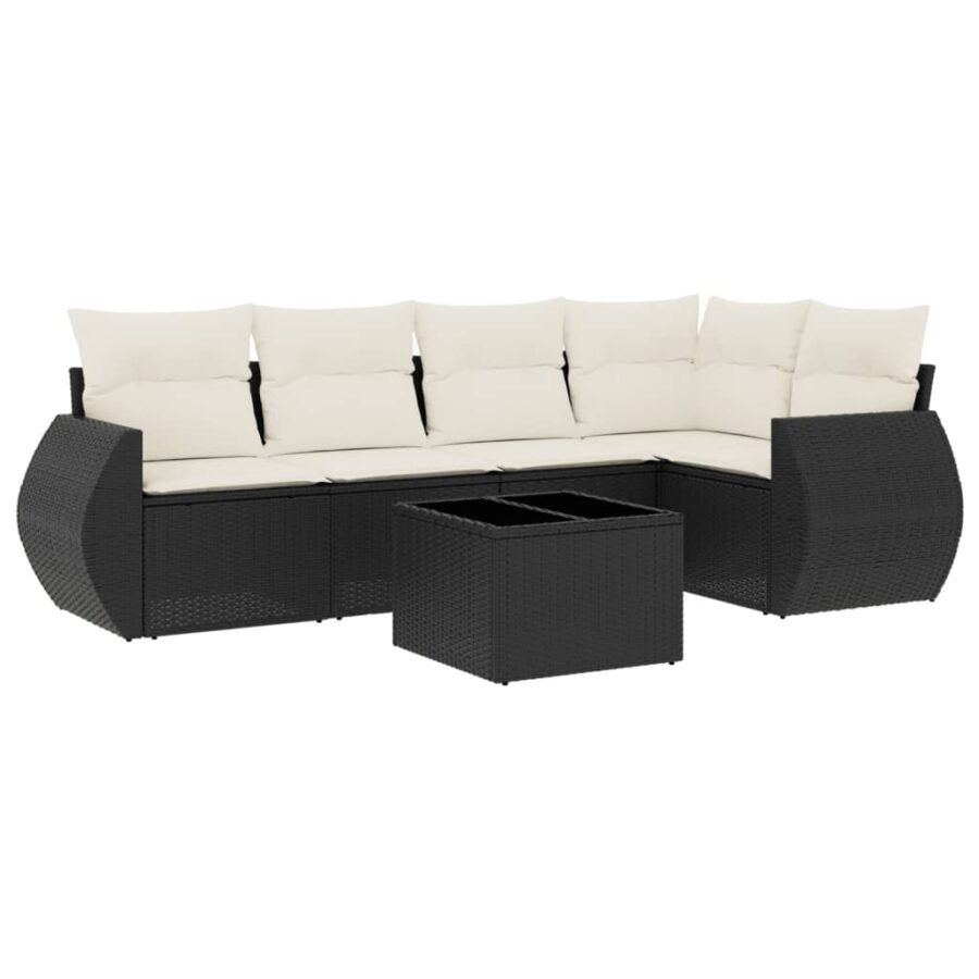 6-delige Loungeset met kussens poly rattan zwart - Afbeelding 2