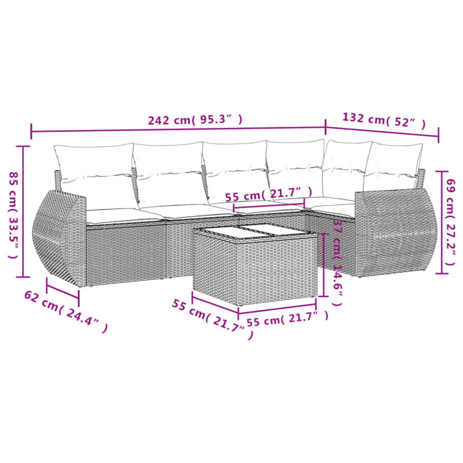 6-delige Loungeset met kussens poly rattan zwart - Afbeelding 3