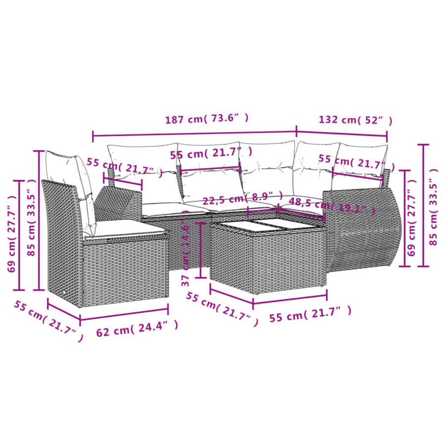 6-delige Loungeset met kussens poly rattan beige - Afbeelding 3