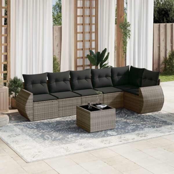 7-delige Loungeset met kussens poly rattan grijs