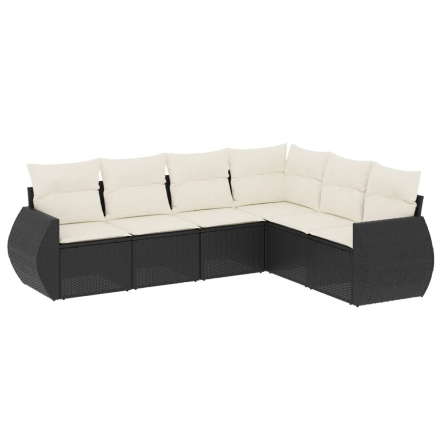 6-delige Loungeset met kussens poly rattan zwart - Afbeelding 2