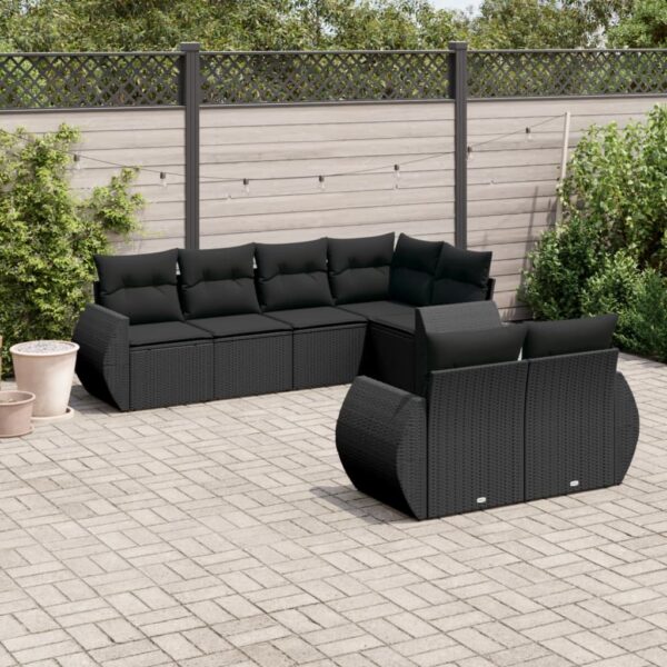 7-delige Loungeset met kussens poly rattan zwart
