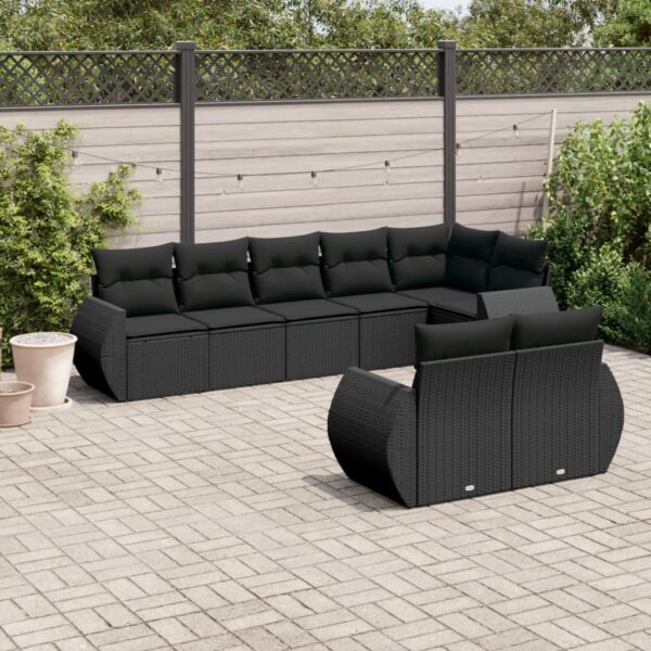 8-delige Loungeset met kussens poly rattan zwart