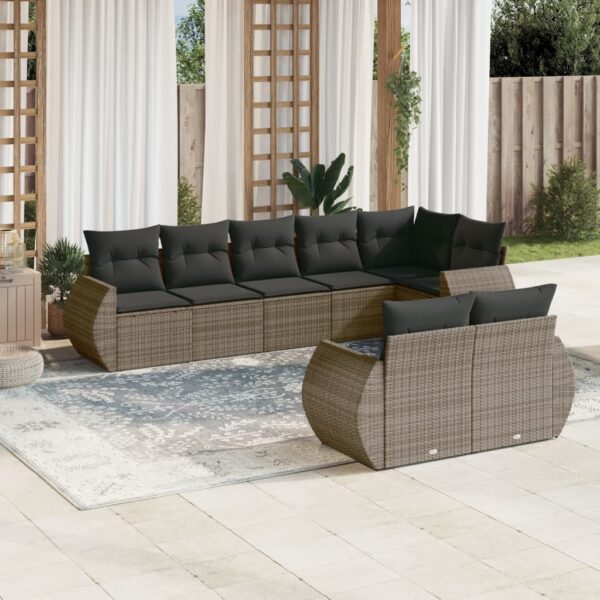 8-delige Loungeset met kussens poly rattan grijs