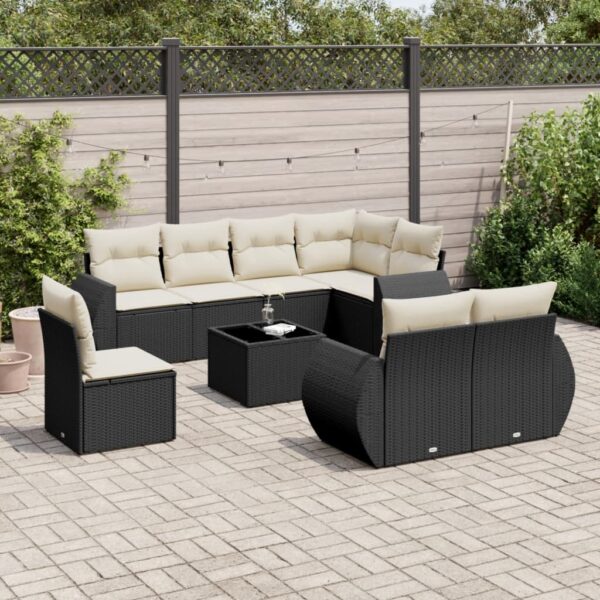 9-delige Loungeset met kussens poly rattan zwart