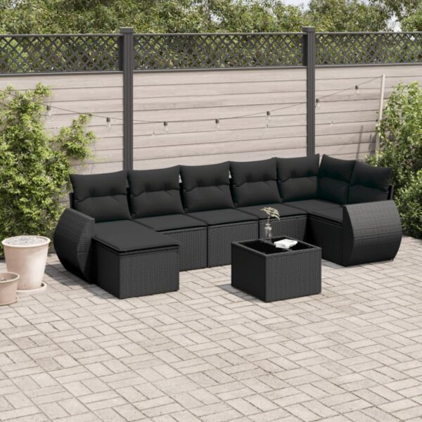 8-delige Loungeset met kussens poly rattan zwart