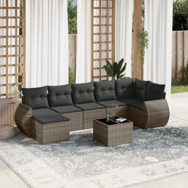 8-delige Loungeset met kussens poly rattan grijs