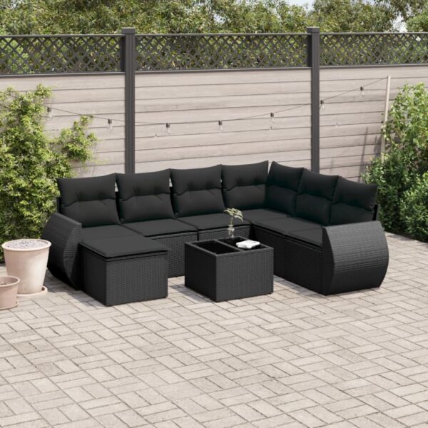 8-delige Loungeset met kussens poly rattan zwart