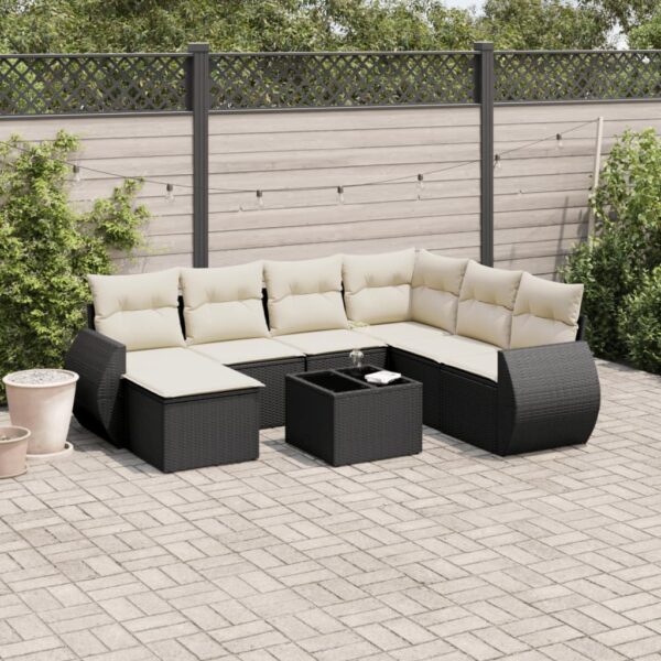 8-delige Loungeset met kussens poly rattan zwart
