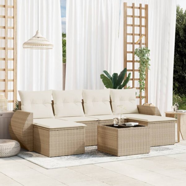 7-delige Loungeset met kussens poly rattan beige