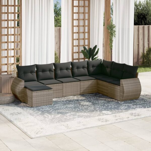 8-delige Loungeset met kussens poly rattan grijs