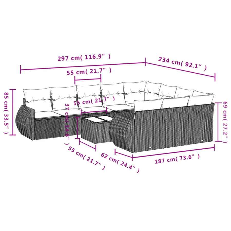 11-delige Loungeset met kussens poly rattan grijs - Afbeelding 3