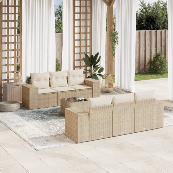 7-delige Loungeset met kussens poly rattan beige