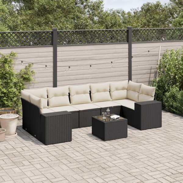 8-delige Loungeset met kussens poly rattan zwart
