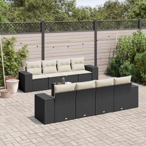 9-delige Loungeset met kussens poly rattan zwart
