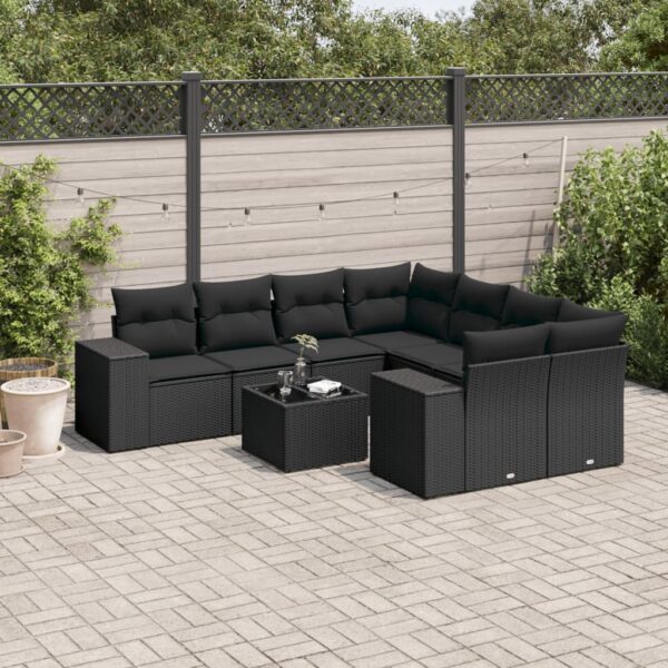 9-delige Loungeset met kussens poly rattan zwart