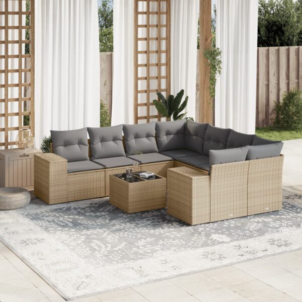 9-delige Loungeset met kussens poly rattan beige