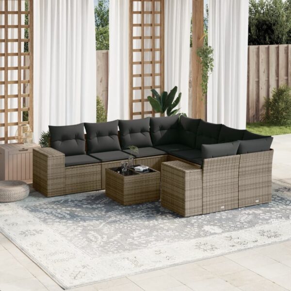 9-delige Loungeset met kussens poly rattan grijs