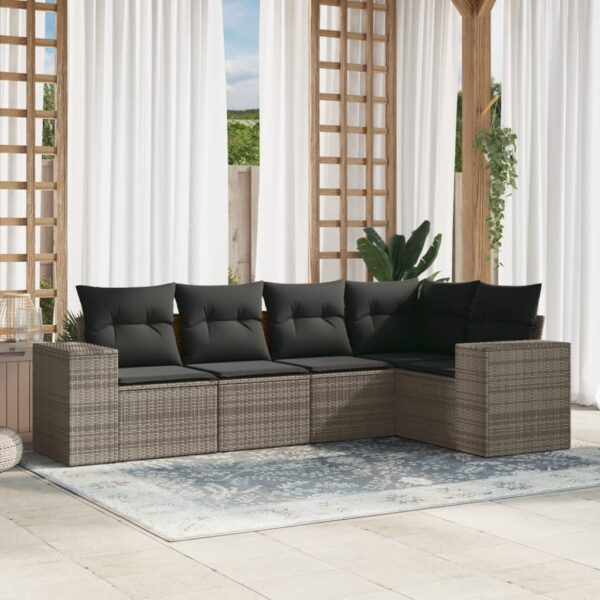5-delige Loungeset met kussens poly rattan grijs