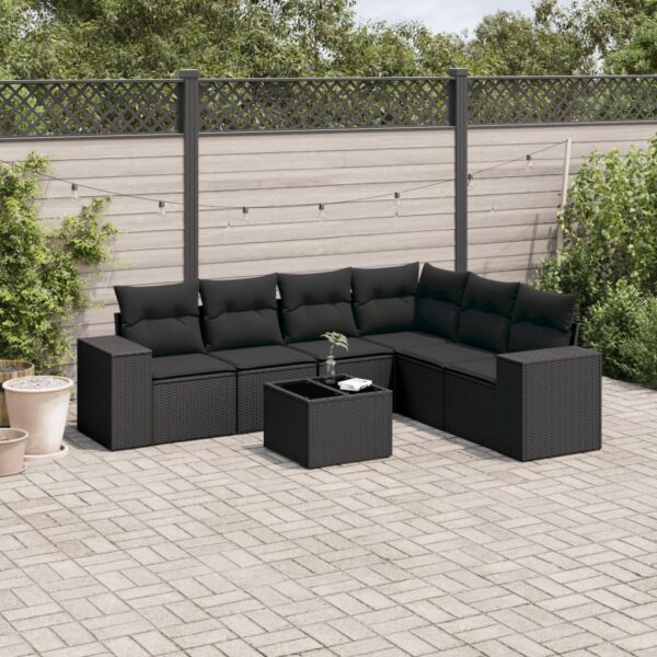 7-delige Loungeset met kussens poly rattan zwart