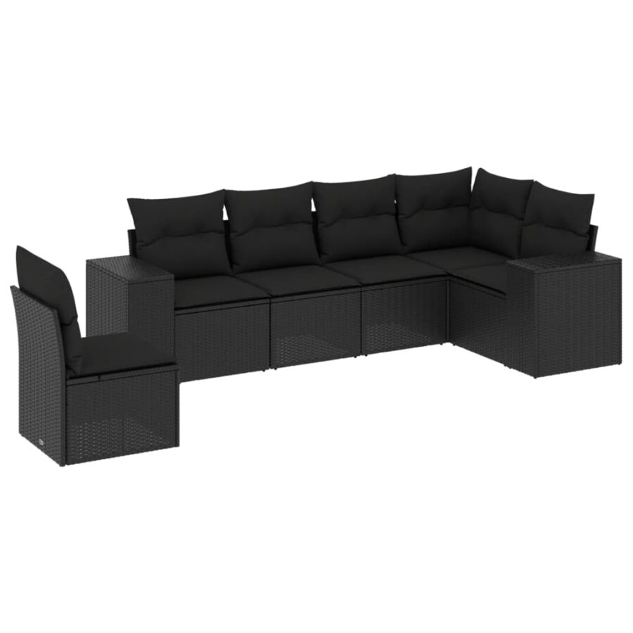 6-delige Loungeset met kussens poly rattan zwart - Afbeelding 2
