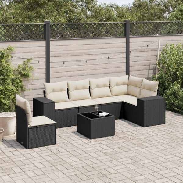 7-delige Loungeset met kussens poly rattan zwart