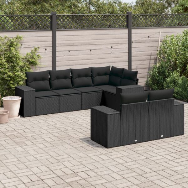 7-delige Loungeset met kussens poly rattan zwart