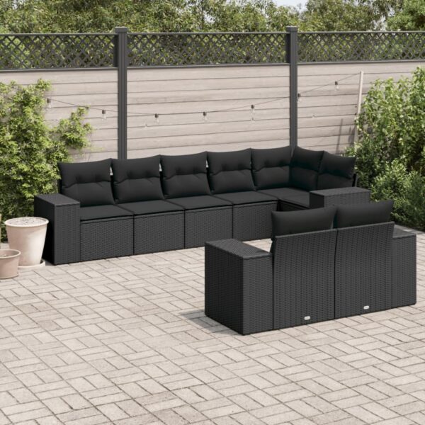 8-delige Loungeset met kussens poly rattan zwart