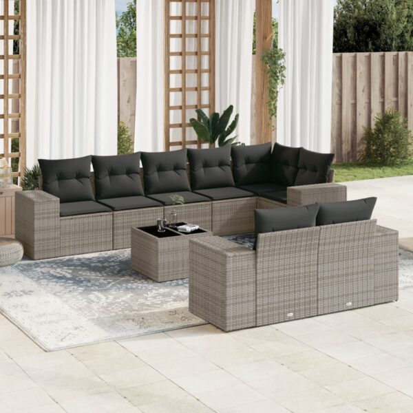 9-delige Loungeset met kussens poly rattan grijs