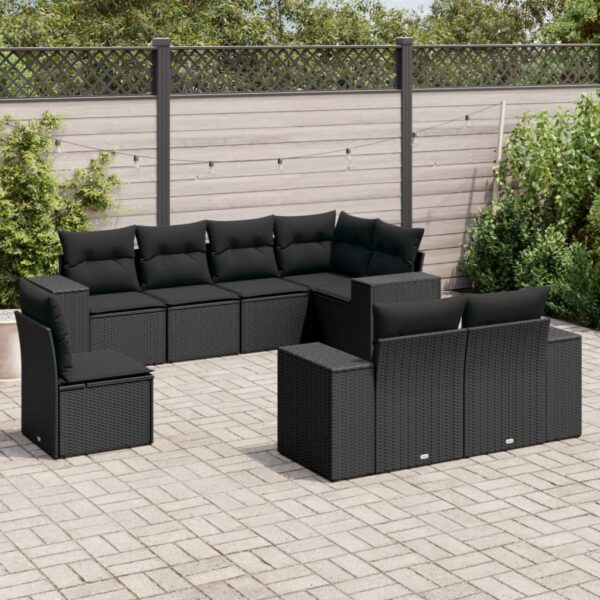 8-delige Loungeset met kussens poly rattan zwart