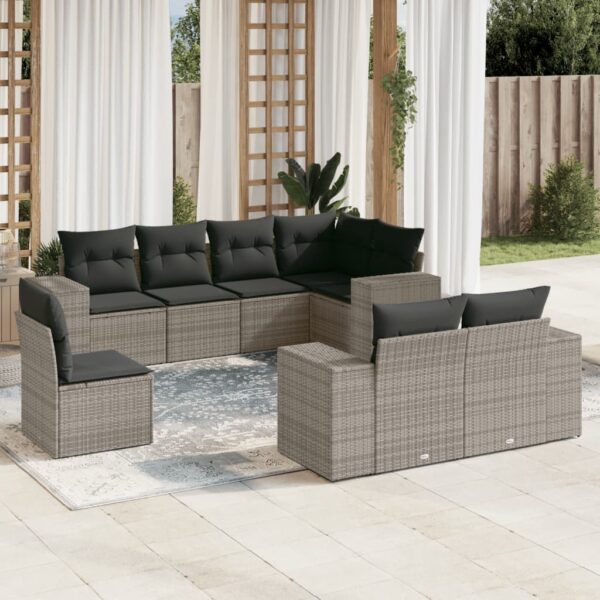 8-delige Loungeset met kussens poly rattan grijs