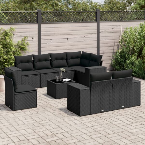 9-delige Loungeset met kussens poly rattan zwart