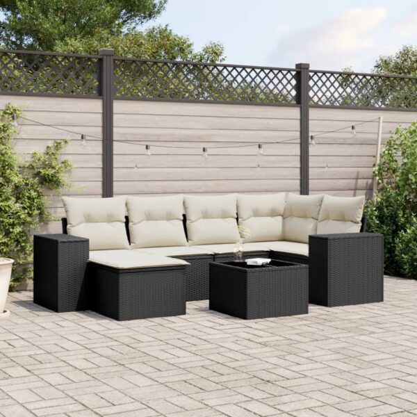 7-delige Loungeset met kussens poly rattan zwart