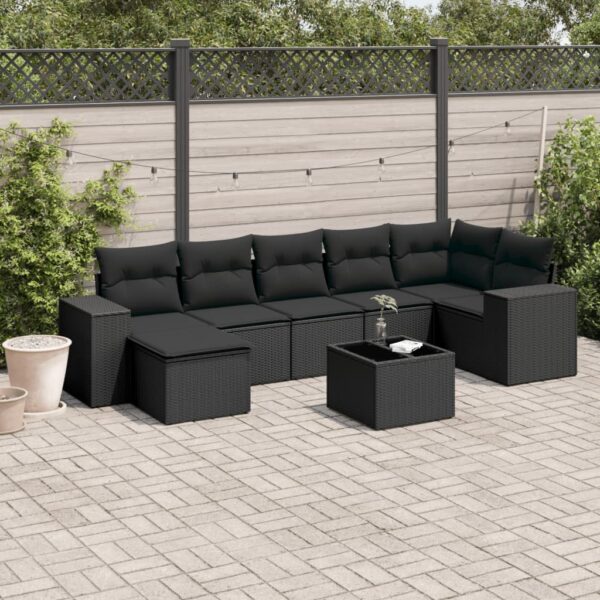 8-delige Loungeset met kussens poly rattan zwart