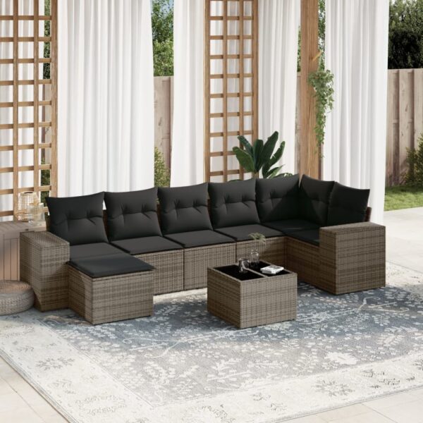 8-delige Loungeset met kussens poly rattan grijs