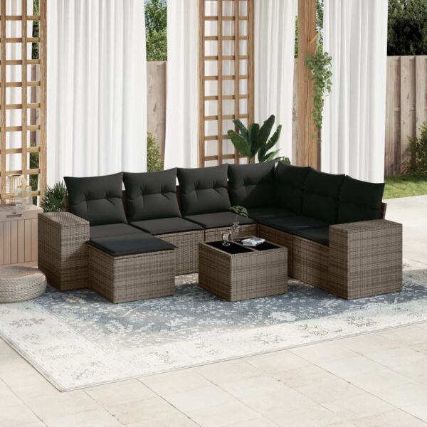 8-delige Loungeset met kussens poly rattan grijs