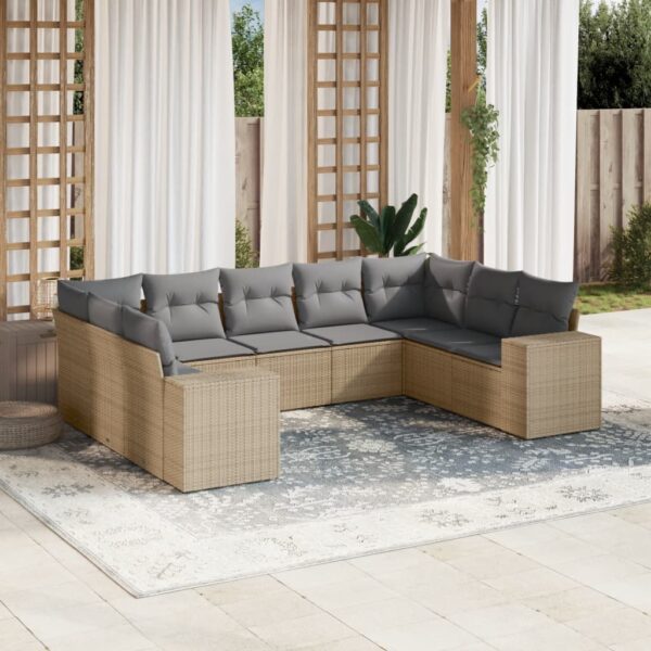 9-delige Loungeset met kussens poly rattan beige