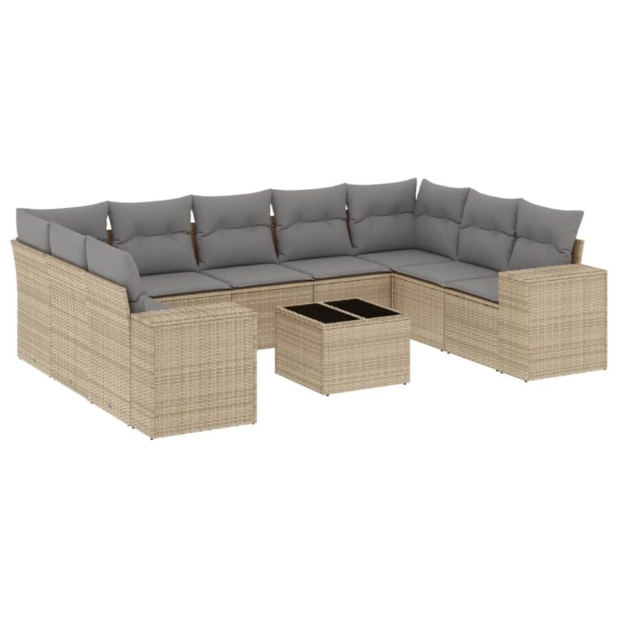 10-delige Loungeset met kussens poly rattan beige - Afbeelding 2