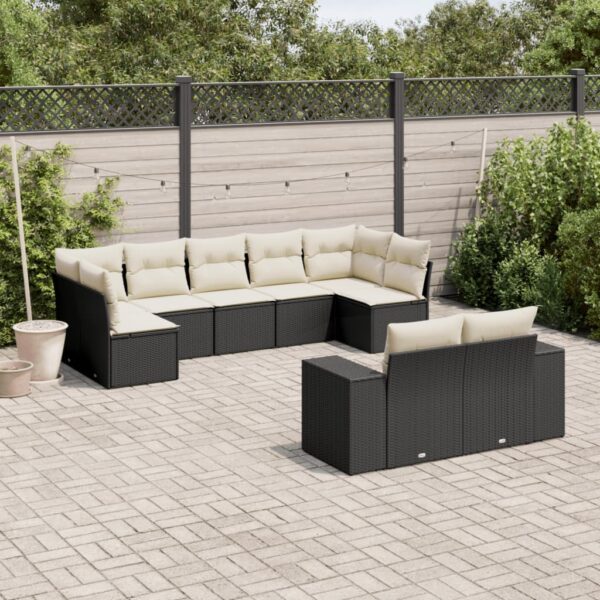 9-delige Loungeset met kussens poly rattan zwart
